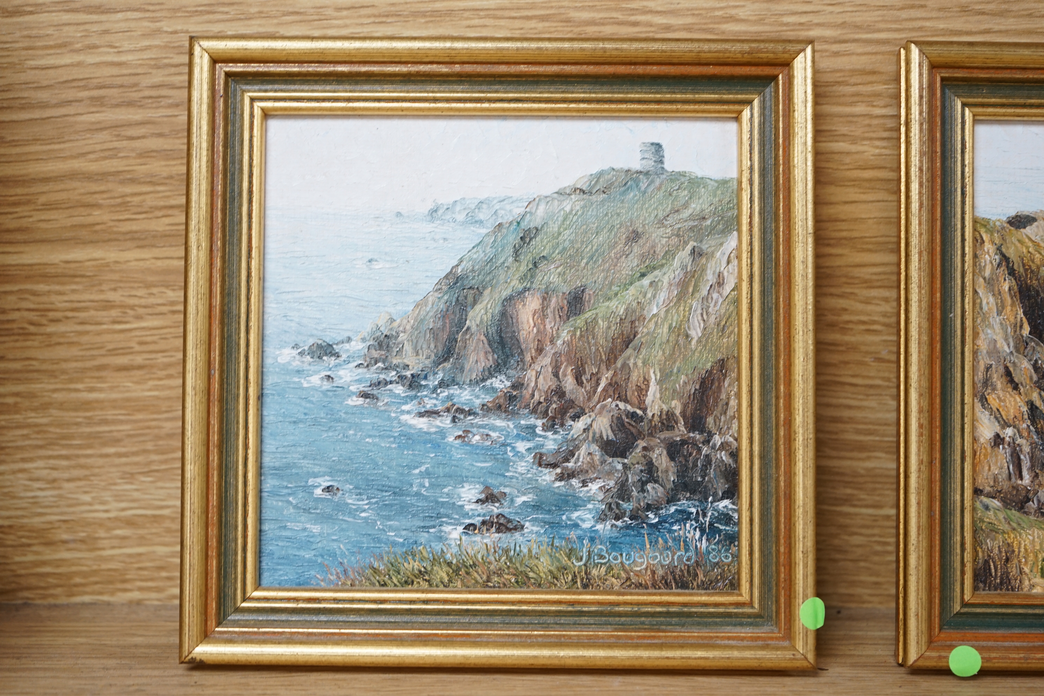 Jacqueline Bougourd (20th. C) pair of oils on board, Jersey views, including, ‘’Cannon Rock, Petitport’’, signed and dated ‘86, 12 x 12cms